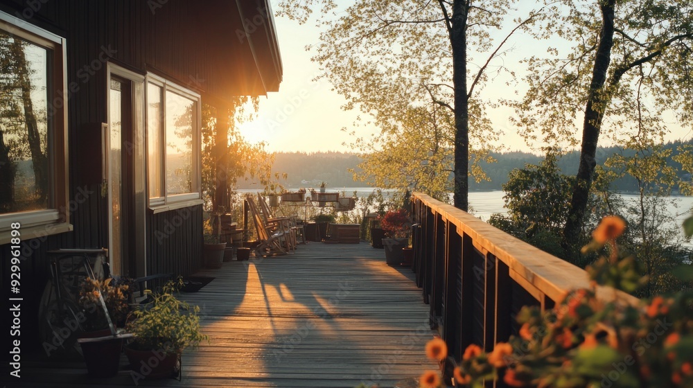 Poster Wooden deck with rocking chairs overlooking a lake at sunset.