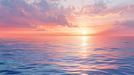 Obraz premium Tranquil sunset over sparkling ocean water with glowing reflections and soft pink and orange hues in the sky.