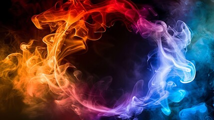 Multiple color smoke making a circle at the center, abstract background with black background