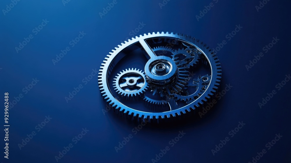 Poster an isolated mechanical gear on a rich blue backdrop, focusing on its intricate design and functional