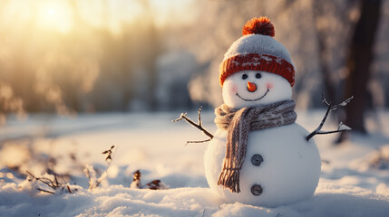 Obraz premium Cute snowman isolated on winter background.