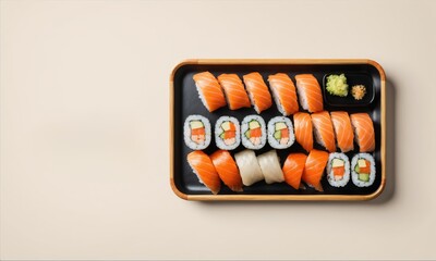 Assortment of sushi rolls on a black tray with wooden accents