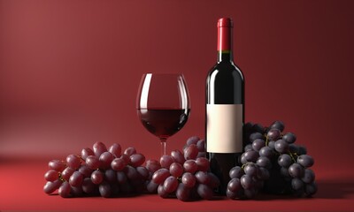 Obraz premium Red wine bottle, glass and grapes on red background