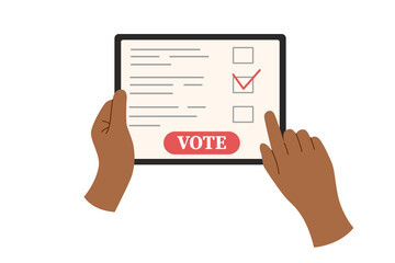 Online voting concept. Election campaign. Democracy vote. Human hands with tablet voting online.