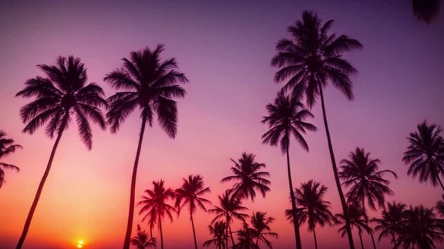 The outline of palm trees against a stunning sunset