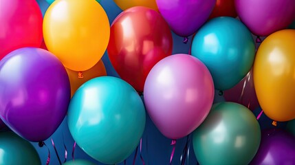Colorful balloons grouped together in a festive bunch, shown in a close-up, lively image.