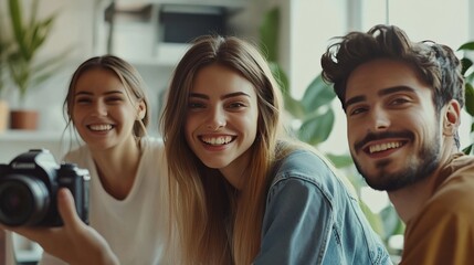 Obraz premium Smiling team works with camera for various concepts in office.