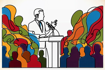 Politician giving a speech to a crowd from behind a podium. Politics, public speaking, leadership concept. Illustration for poster, banner, article, social media