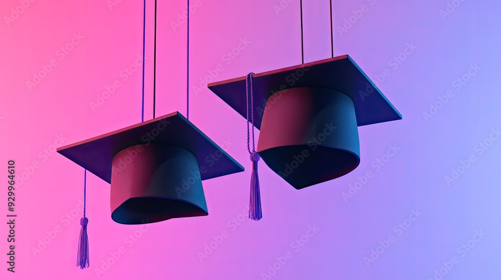 Poster graduation caps fly through the air in an abstract composition, set against a minimalist gradient ba