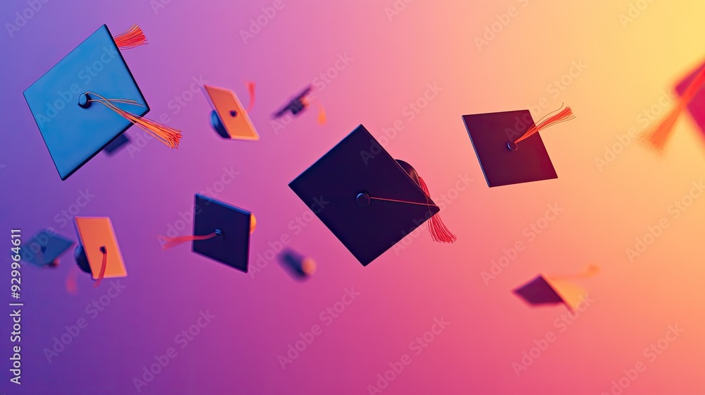 Aufkleber graduation caps fly through the air in an abstract composition, set against a minimalist gradient ba