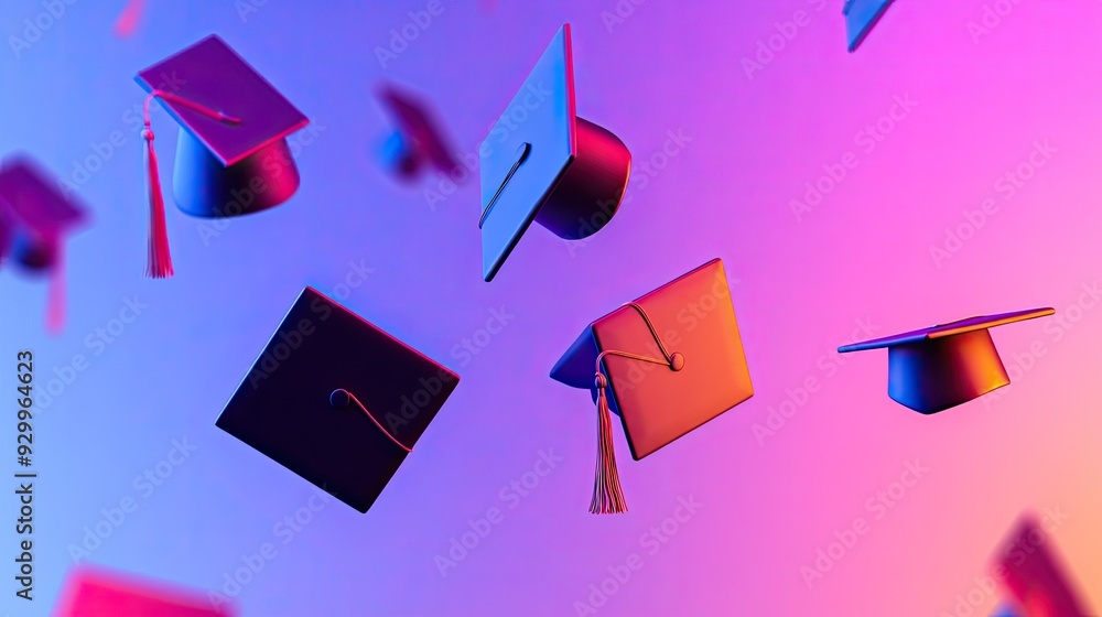 Aufkleber graduation caps fly through the air in an abstract composition, set against a minimalist gradient ba