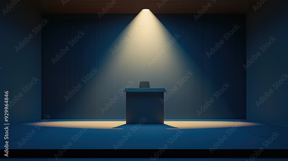 Poster minimalist conference room setup with a single spotlight on a speaker at a podium, creating a focuse