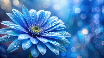 Obraz premium Blue flower with dew drops on petals against blurred background, blue, flower, drops, background, nature, beauty, vibrant, fresh
