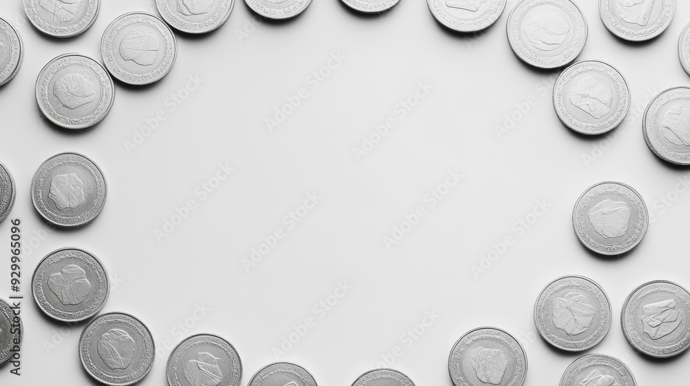 Fototapete minimalist shot of coins in a circular pattern, with a plain backdrop offering space for text or gra