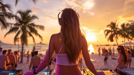 A DJ performs at a beach party during sunset, surrounded by palm trees and a lively crowd enjoying the vibrant atmosphere.