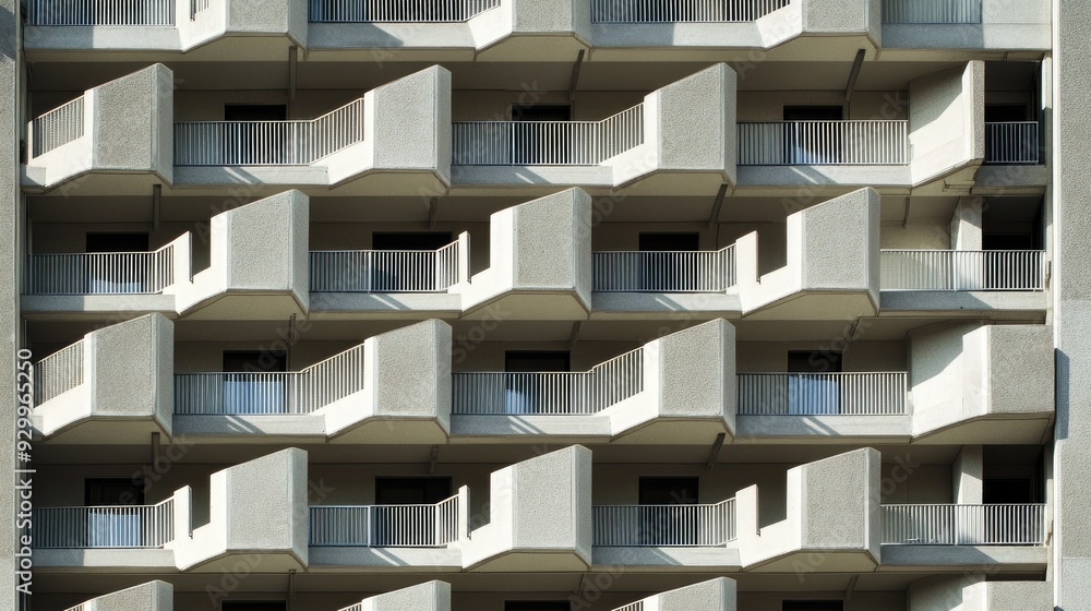 Poster modern apartment building with a repeating balcony pattern, shot dynamically from a low angle.
