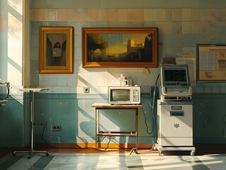 Hospital Room with Medical Equipment and Sunlight.