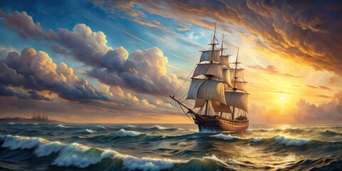 Obraz premium Seascape painting with a ship sailing on the high seas, seascape, ship, high seas, ocean, waves, water, maritime, nautical