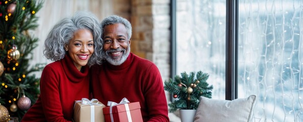 Christmas senior couple. Winter happy black people. Old african american man and woman with Christmas tree and gift. Older black family holiday banner. Elderly Xmas grandparents. Mature adult couple