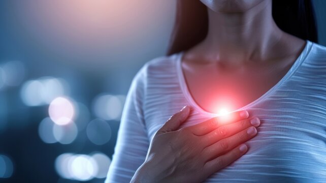 A person placing their hand over their chest with a glowing heart symbol, symbolizing health, care, and emotional wellness in a serene setting.