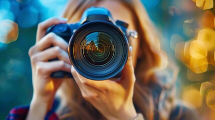 a close up of a woman taking a photo with a DSLR camera.generative ai
