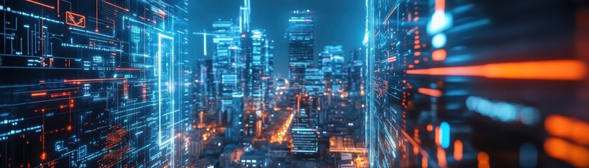 Obraz premium A futuristic cityscape illuminated by neon lights, showcasing a blend of technology and urban life. The vibrant colors evoke a sense of innovation and excitement.