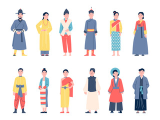 Asian characters. People in traditional outfits, chinese korean japanese clothes style. Male female from asia, national ethnic recent vector characters