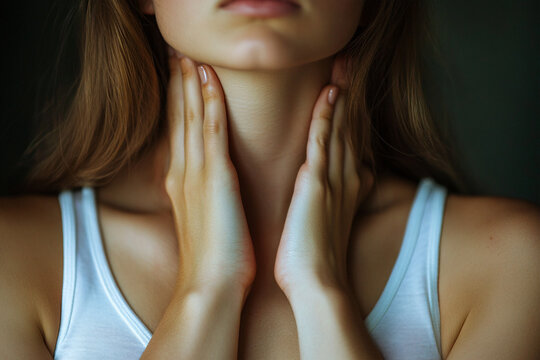 Close up of woman holding hands to throat