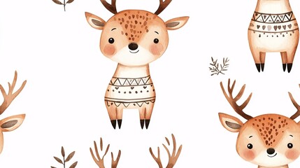 Obraz premium Woodland Charm: Adorable watercolor deer in cozy sweaters bring whimsical charm to this seamless pattern, perfect for wintery and festive designs. 