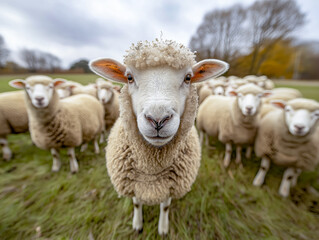 Obraz premium Flock of Fluffy Beige Sheep Standing in the Grass, One Prominent Sheep Looking Straight Ahead