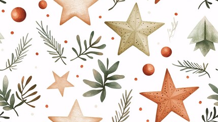 Winter Wonderland Seamless Pattern: A whimsical and festive pattern featuring delicate watercolor stars, sprigs of evergreen, and scattered red berries