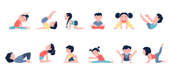 Kids yoga. Children doing yoga exercises, stretching pilates workout for child. Gymnastic sport training, baby fitness. Flat sporty recent vector characters