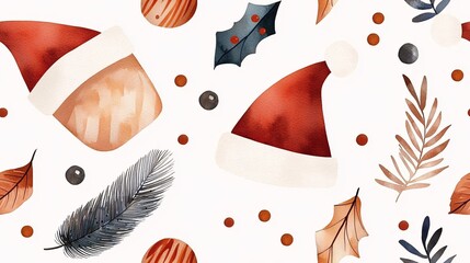 Naklejka premium Seamless Pattern Watercolor Christmas Cheer: A festive pattern of Santa hats, holly, ornaments, and winter foliage. 