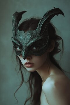 Mujer con m&aacute;scara oscura y detalles de cuernos, evocando un misterio g&oacute;tico y una atm&oacute;sfera enigm&aacute;tica de fantas&iacute;a