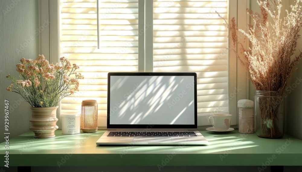 Poster a sleek laptop computer is placed on a vibrant green desk positioned right in front of a window