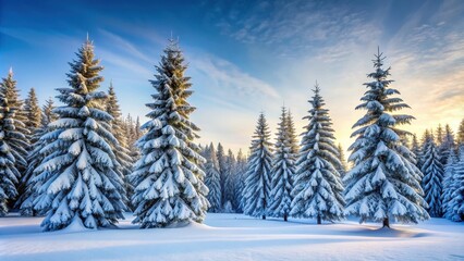Fototapeta premium Snow-covered pine trees in a serene winter forest setting, snow, forest, winter, trees, cold, white, nature, peaceful