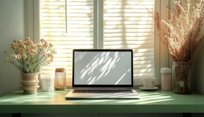 Fototapeta premium A sleek laptop computer is placed on a vibrant green desk positioned right in front of a window