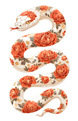Obraz premium White snake with classic asian red peonies skin pattern, red and gold flower ornament. Chinese New Year 2025 zodiac isolated design element