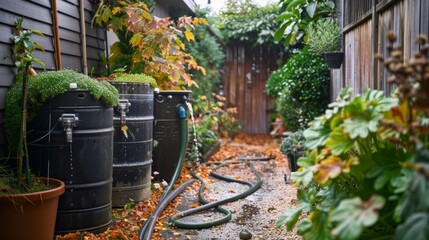 Obraz premium DIY Rainwater Harvesting System in a Lush Garden During Early Autumn