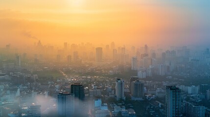 Fototapeta premium Golden Sunrise Over Hazy Cityscape With Towering Buildings and Urban Vibe
