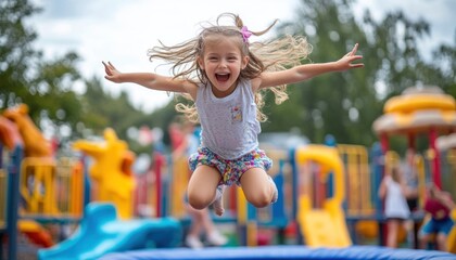 A cheerful little girl is happily jumping up and down on a trampoline at a lively playground