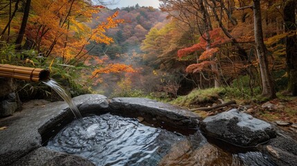 Obraz premium Relaxing Outdoor Bath Surrounded by Fall Foliage in Tranquil Forest Setting