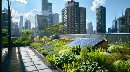 Fototapeta premium Urban Rooftop Garden Featuring Solar Panels With City Skyline in Daylight