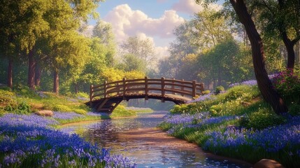 A serene landscape featuring a wooden bridge over a stream surrounded by blooming flowers.