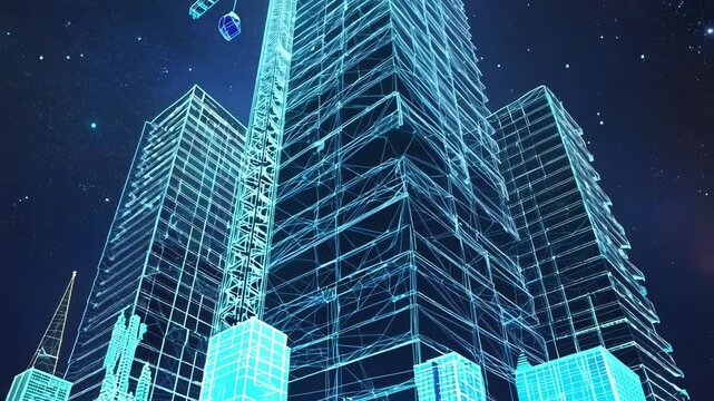 Nighttime Glimpse into the Future Urban Skyscrapers Illuminated by Digital Light