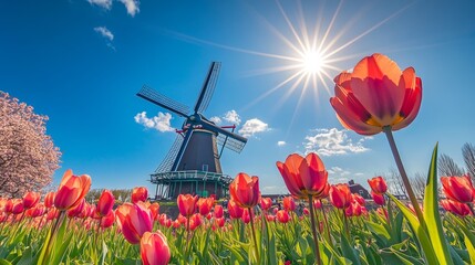 The windmill and tulip flower garden in the springtime landscape with the sun shining on the colorful tulip field and blue sky background.