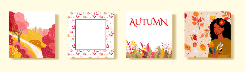 Set of square posters with autumn cards. Dear hills houses. Black woman with flowers. Invitation, sale, or magazine and book cover. Hamd drawn vectoor