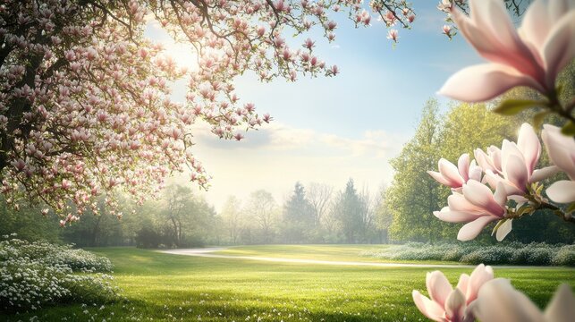 A serene landscape featuring blooming magnolia trees and a lush green field under soft sunlight.