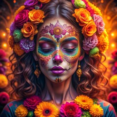 A woman is adorned with intricate Día de los Muertos face paint, which features vibrant, symmetrical patterns and a delicate skull design.