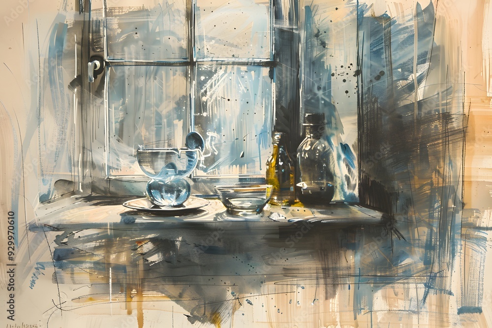 Poster abstract still life with window and bottles.